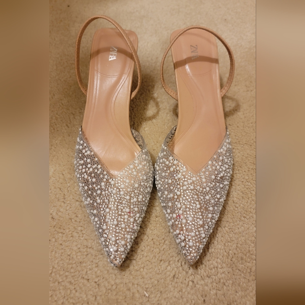 Pearl-Embellished Pointed Slingback - Nude/Champagne